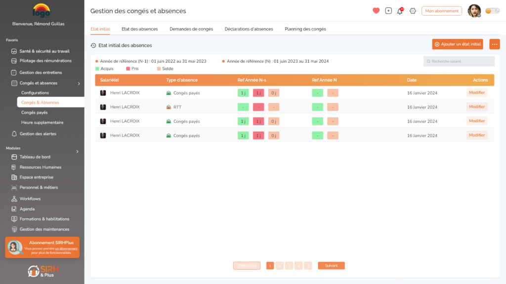Interface du logiciel gestion RH Brest SIRHplus