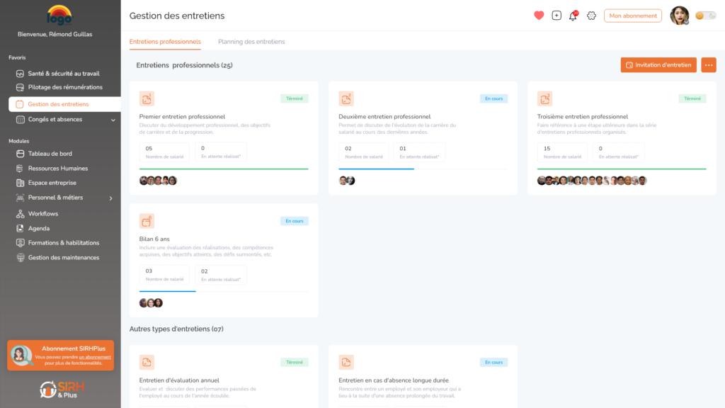 Interface du logiciel gestion RH Brest SIRHplus