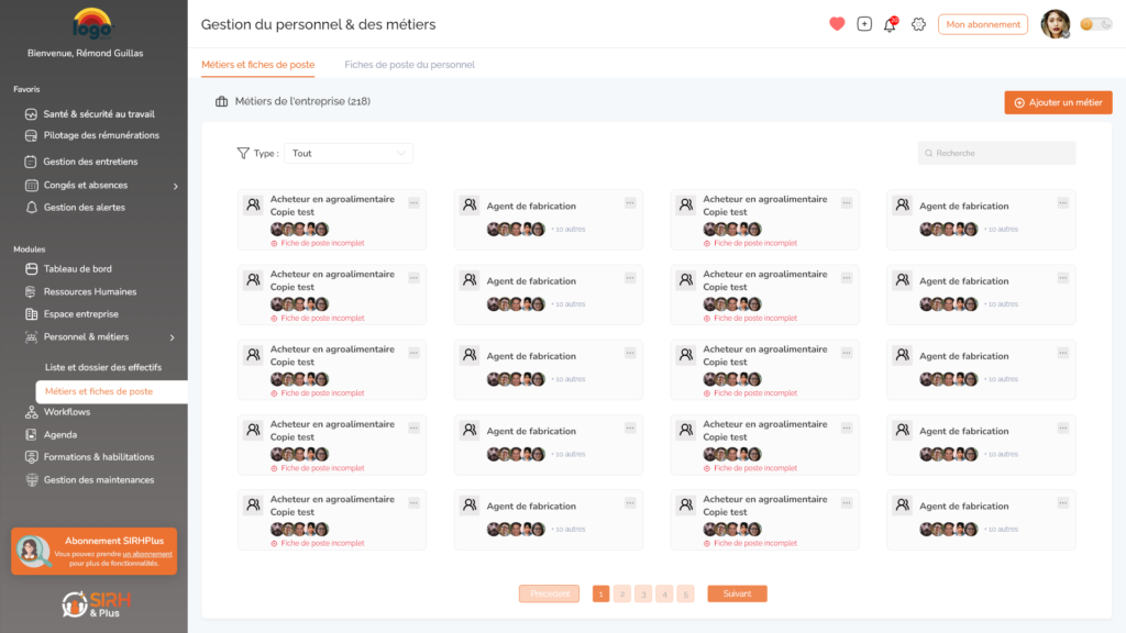 Interface du logiciel gestion RH Brest SIRHplus